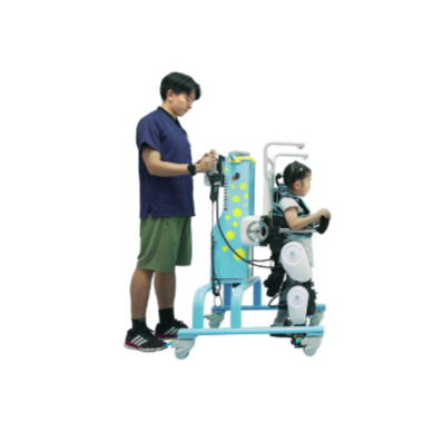 father helping daughter with exoskeleton rehabilitation therapy